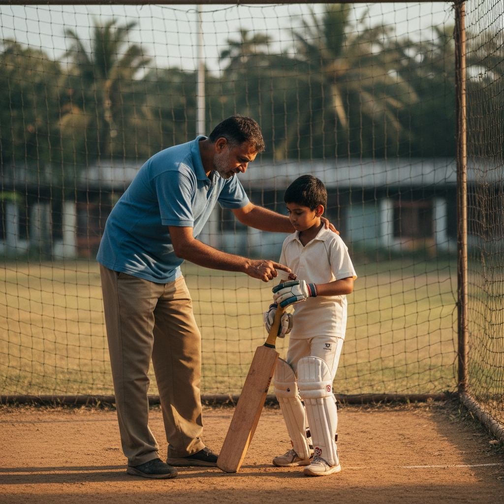A Kreedangana coach working with a young batsman during a coaching session