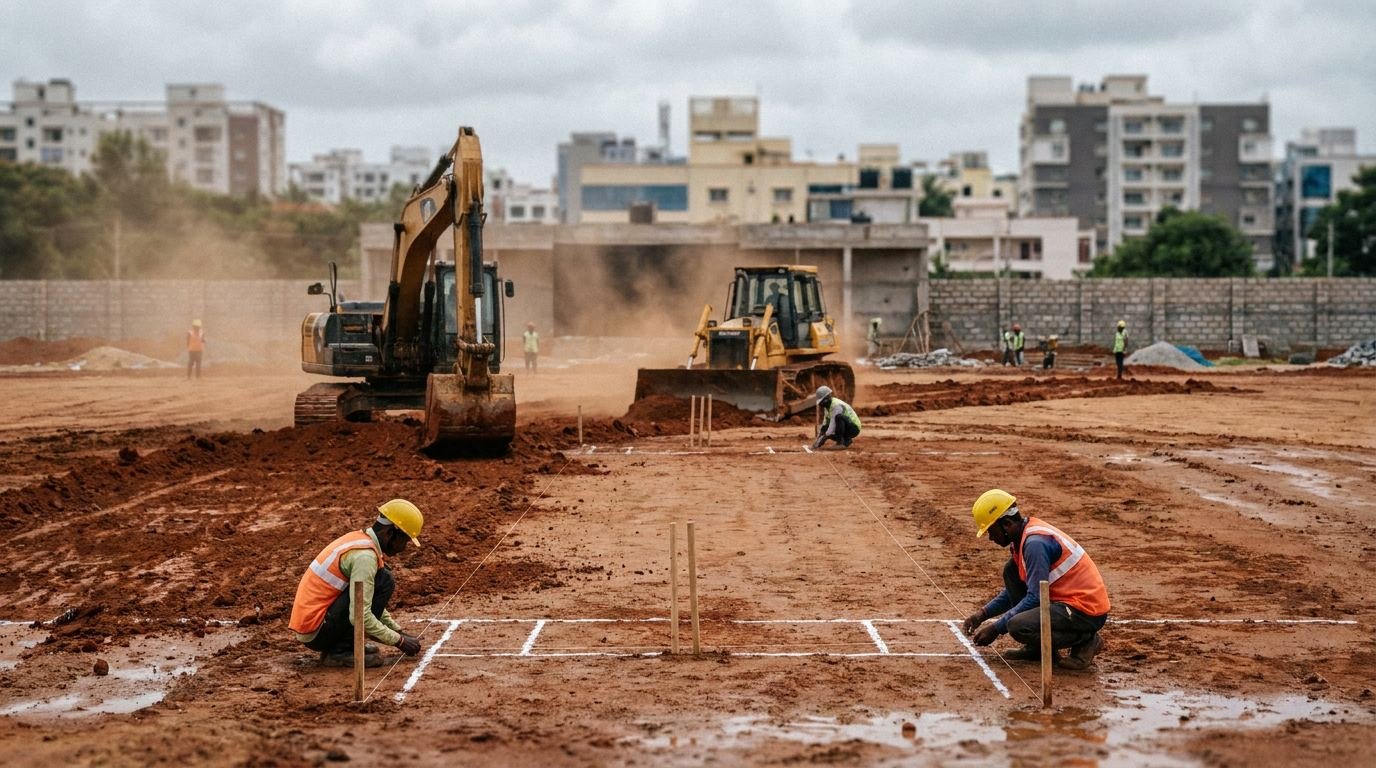 Earthworks and levelling in progress during the construction of a new cricket ground in Karnataka