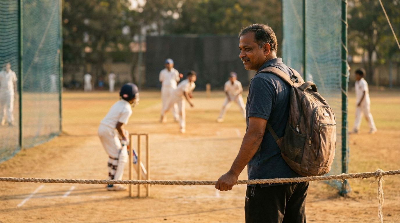 A parent watching a junior cricket coaching session from the boundary at a Bangalore cricket academy