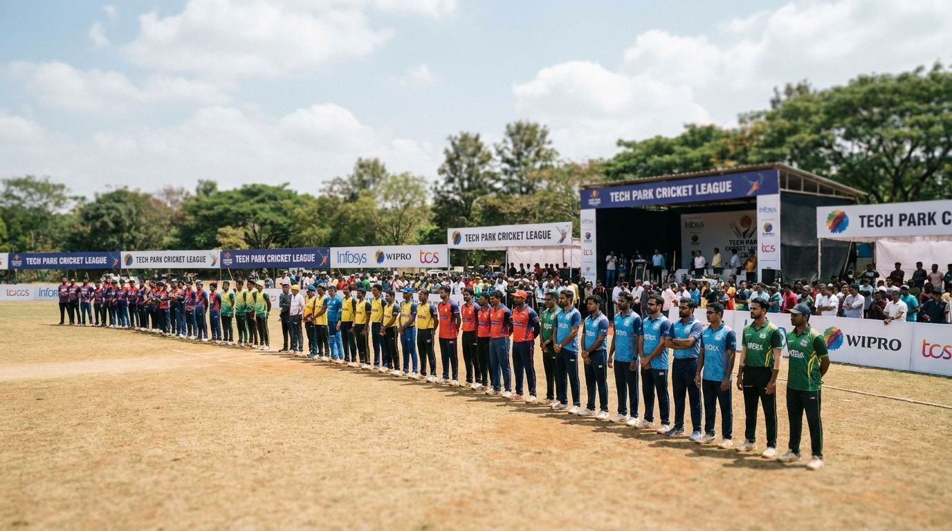 Corporate teams in branded jerseys lined up before a company cricket tournament in Bangalore