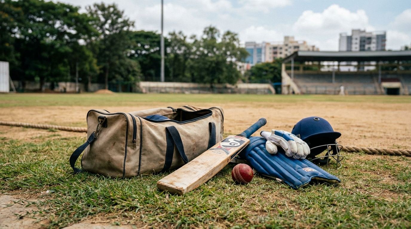 Cricket kit bag, bat, helmet and pads laid out on the boundary of a Bangalore cricket ground