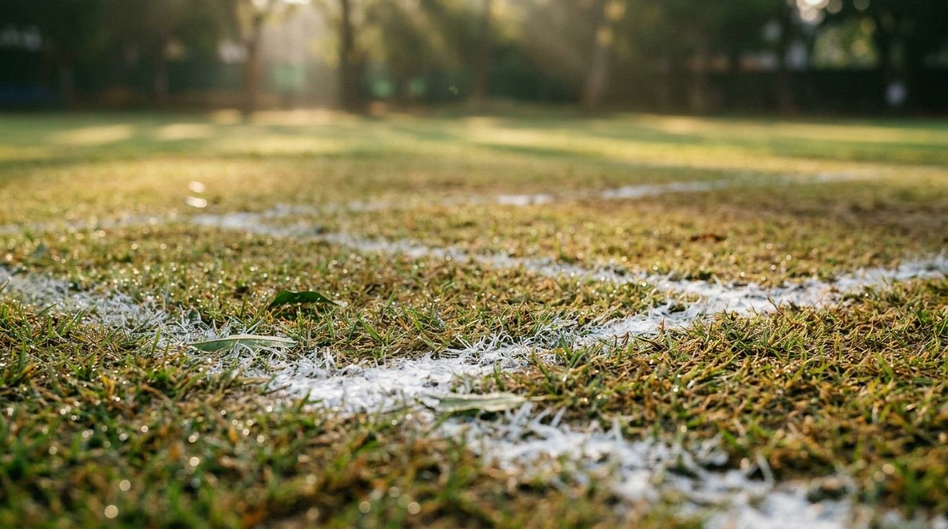 Close up of a freshly rolled and marked natural turf cricket wicket prepared to match standard