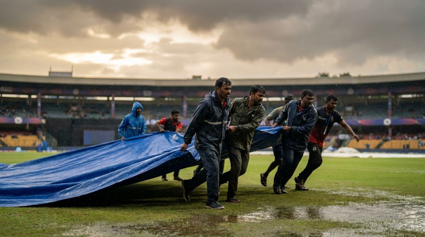 Rain covers pulled across a cricket square with water draining off the outfield during Bengaluru monsoon