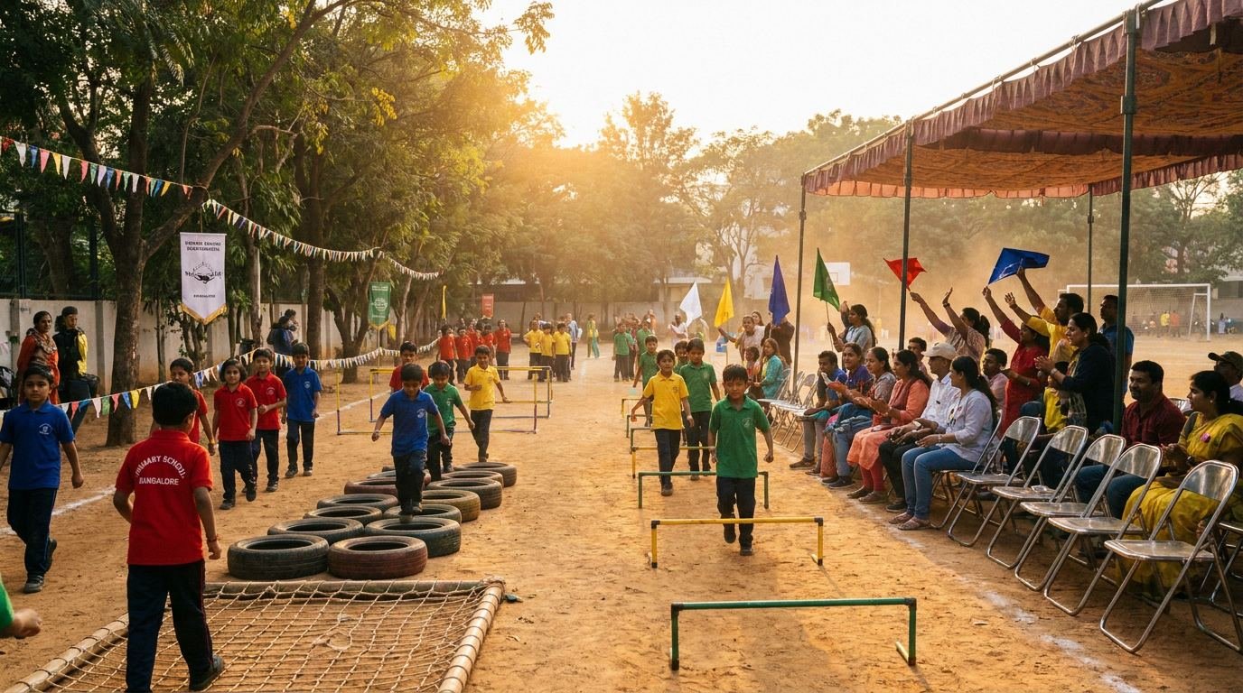 Primary school children racing in a track event during an annual school sports day in Bangalore