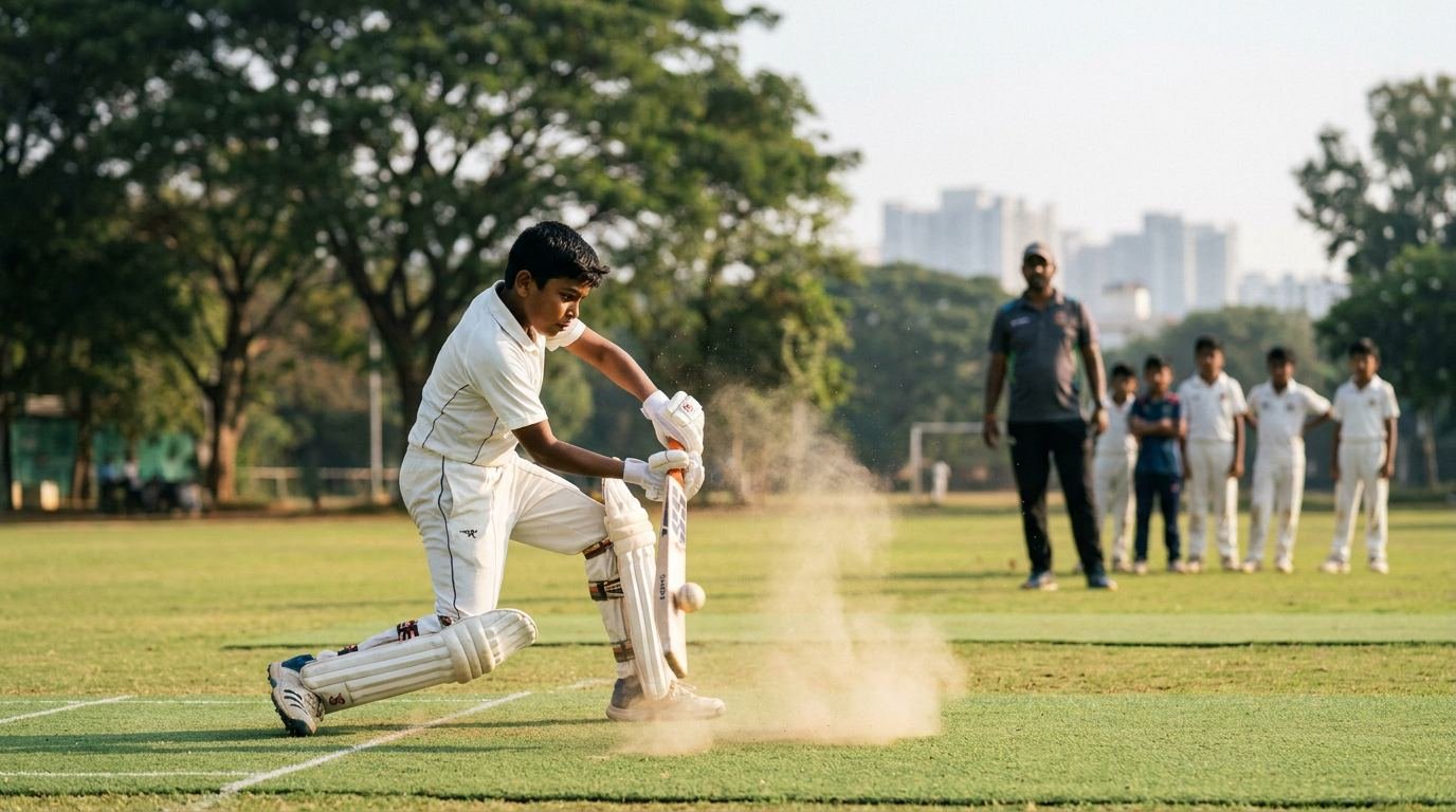 Junior cricketer playing a straight drive during a coaching session at Kreedangana Sports Management, Bangalore