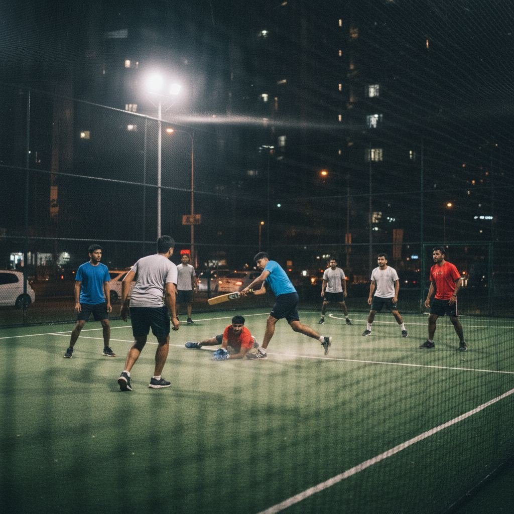 Floodlit box cricket match in progress on an enclosed turf arena in Bengaluru at night