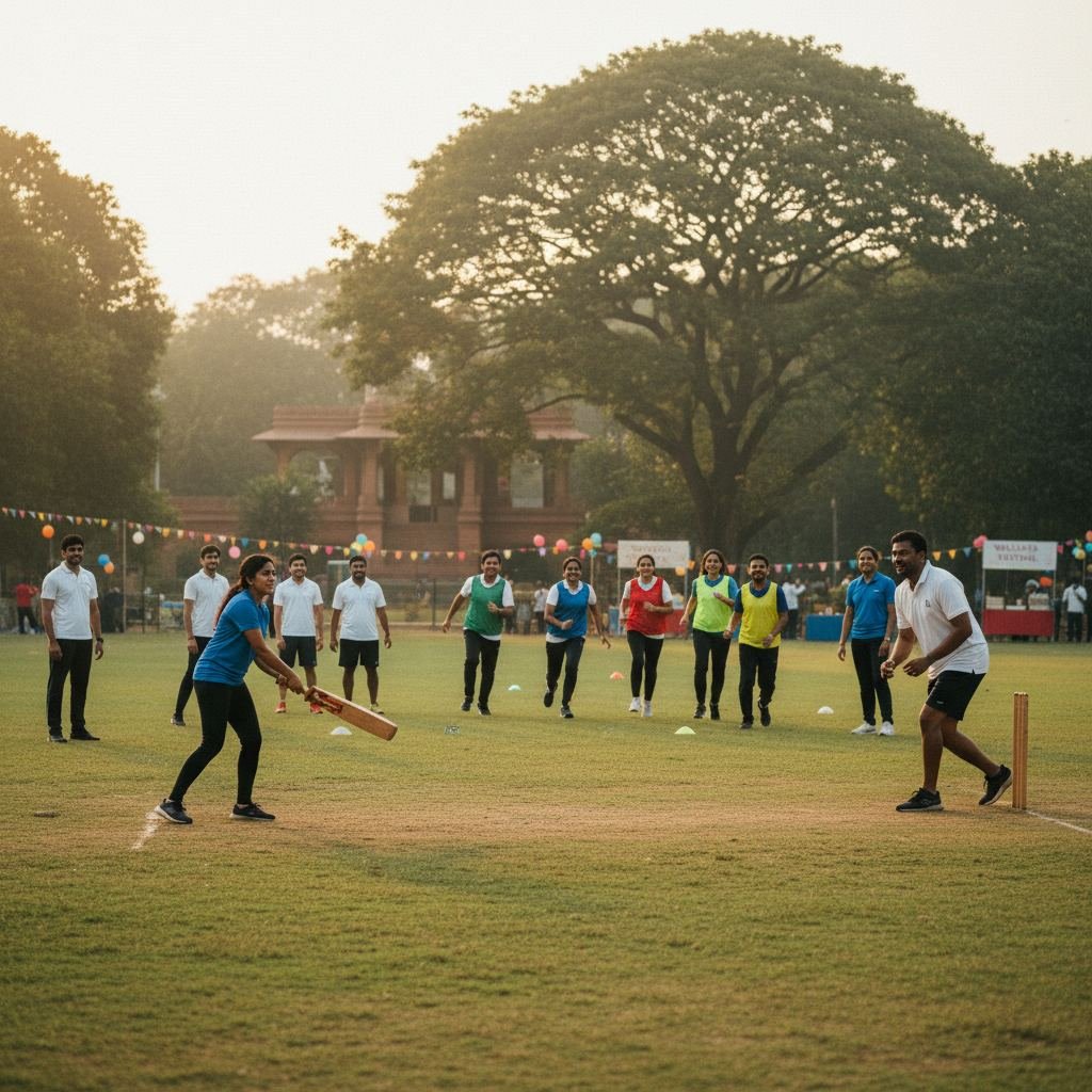 Employees taking part in a multi-sport corporate wellness day with cricket, volleyball and relay events