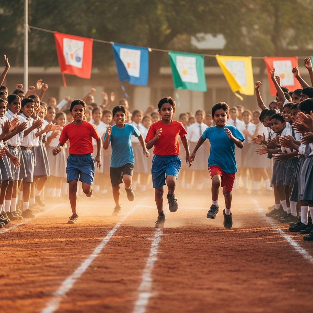 School children in house colours competing in a relay race during an annual school sports day