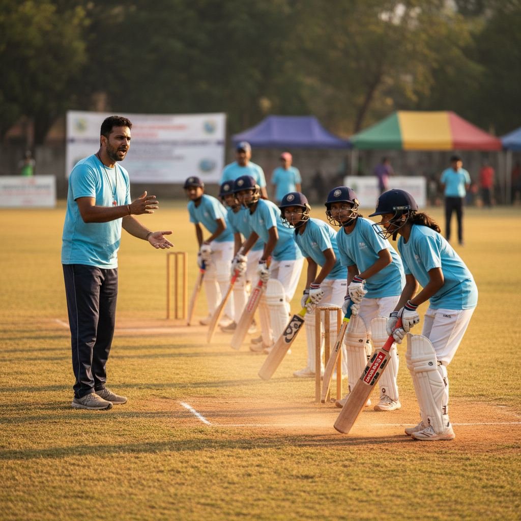 Young cricketers in a line during a batting drill at a holiday cricket skills camp in Bangalore