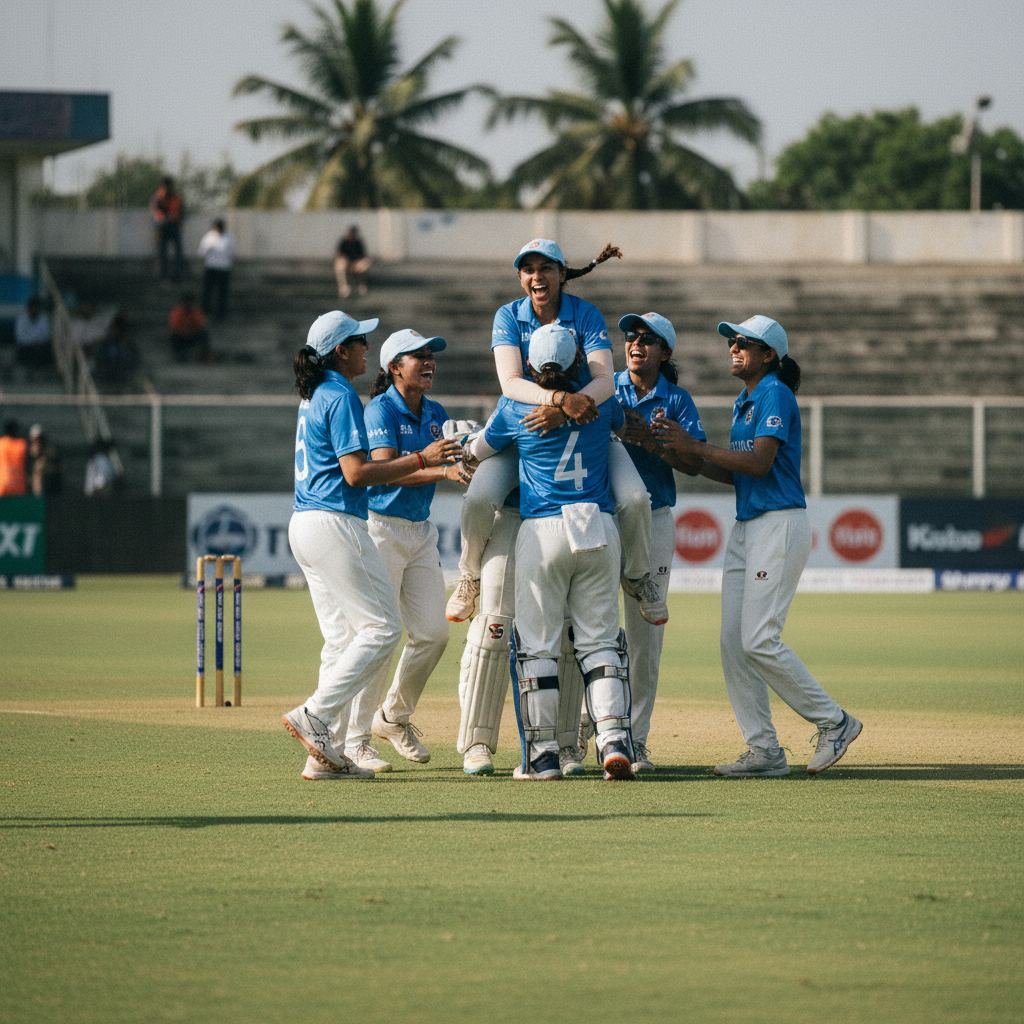 Women cricketers celebrating a wicket during a T20 match at a Bengaluru cricket ground