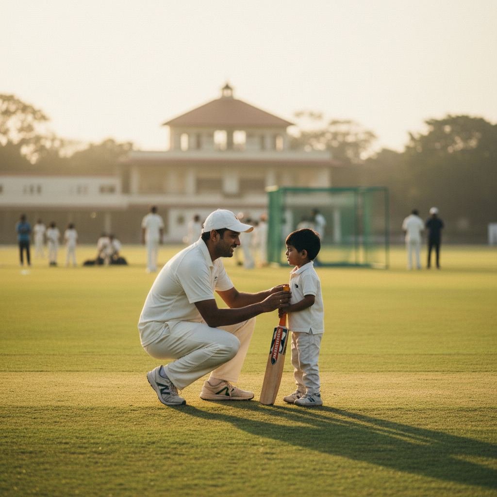 Coach guiding a young beginner cricketer through a batting stance at a Bangalore cricket academy