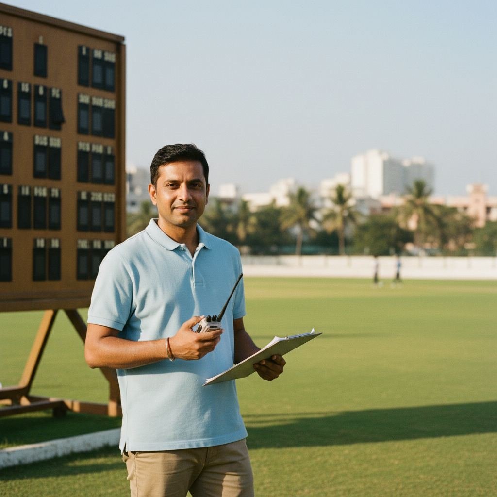Sports operations manager coordinating fixtures beside a cricket ground scoreboard